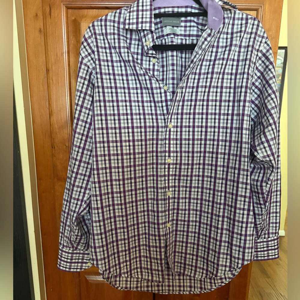 Thomas Dean Purple and White Plaid Men's Shirt